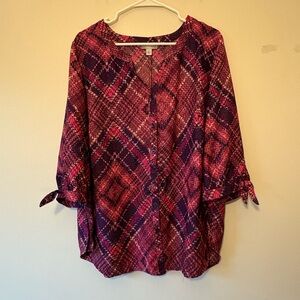 Catherine’s Women's Pink and Purple Patterned Button Down Top, 3/4 Sleeve, 0X